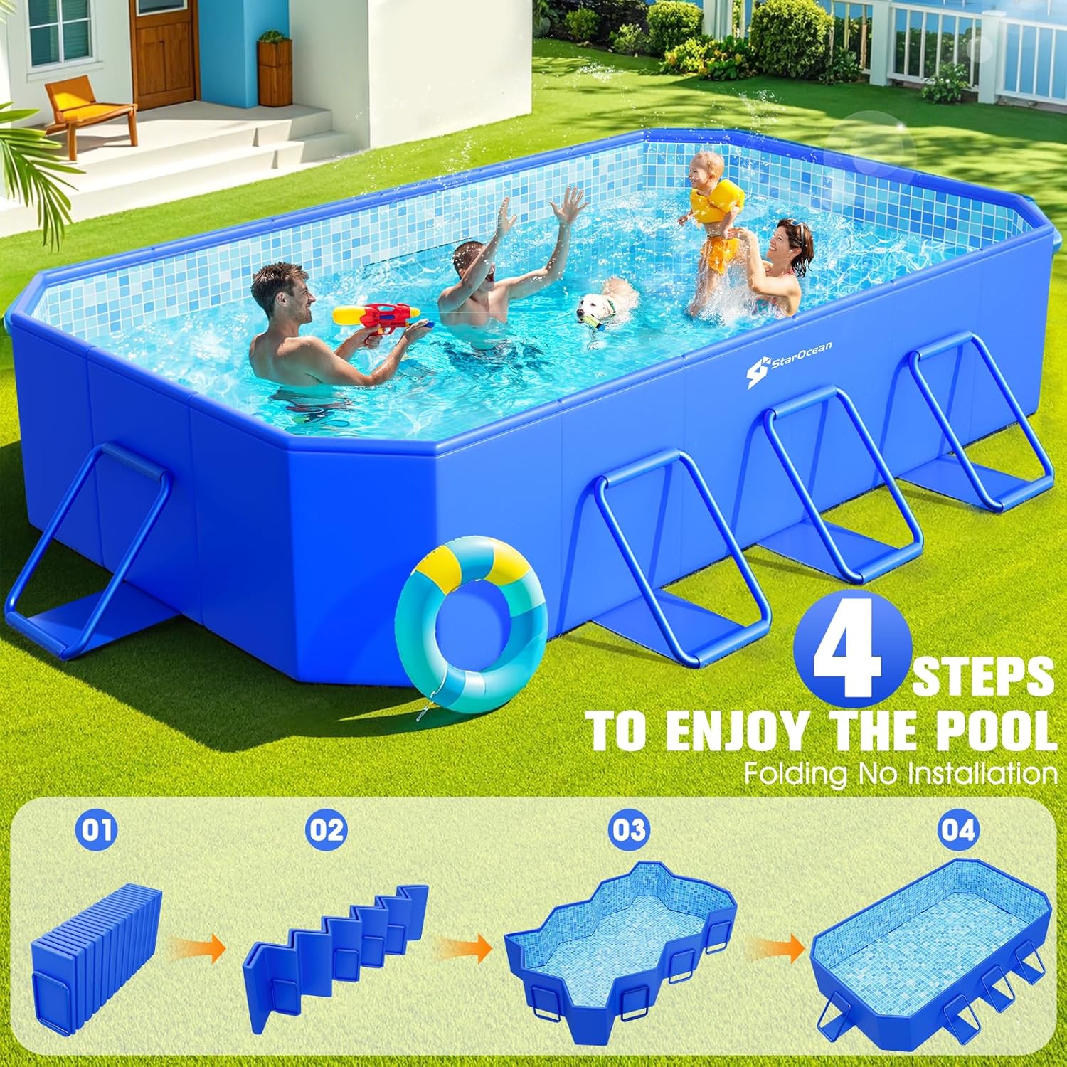 Foldable Pool, Large Non-Inflatable Swimming Pool For Kids,Adult Collapsible Pools Hard Plastic Shell, Oversized Thickened,Portable Folding Kids Pools for Backyard-Mosaic Design-115"x66"x20"