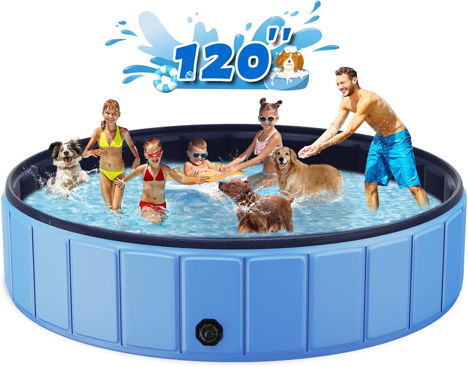 Foldable Dog Swimming Pool, 120"x20" Oversize Collapsable Hard Plastic Potable Bathing Tub for Pet Dog Kiddie Pool Indoor and Outdoor Leakproof PVC Play Pool for Large Dogs Pets Puppy Kids Blue