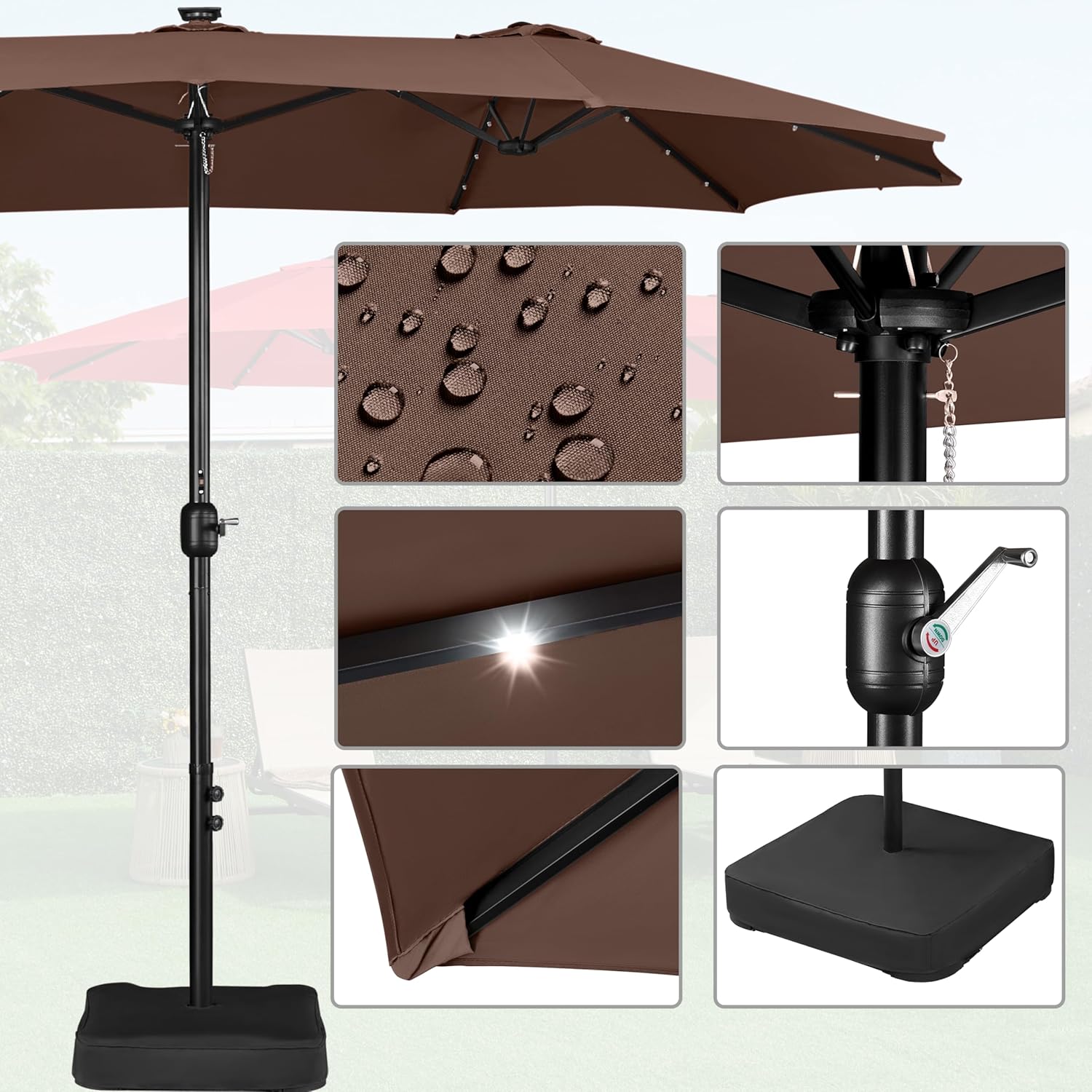 15 ft Large Patio Umbrella with Solar Lights Double-Sided Outdoor Rectangle Market Umbrellas with 36 LED Lights/Base Included/Easy Crank for Patio Garden Yard Pool Lawn, Brown